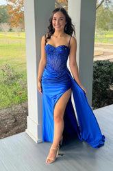 Royal blue Prom Dress UK Sequined Spaghetti Straps with Split Mychicdress